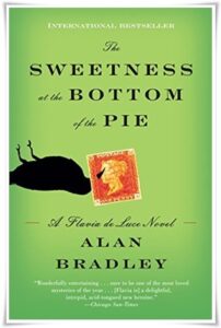Book cover: “The Sweetness at the Bottom of the Pie” by Alan Bradley (Delacorte, 2009); audiobook read by Jilly Bond (Magna, 2010)
