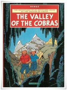 Book cover: “The Valley of the Cobras” by Hergé; trans. Leslie Lonsdale-Cooper & Michael Turner (Casterman, 1957)