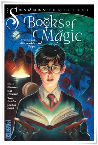 Book cover: “Books of Magic: Moveable Type” by Kat Howard, Neil Gaiman et al.; ill. Tom Fowler et al. (DC Comics, 2019)