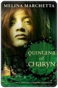 Book cover: “Quintana of Charyn” by Melina Marchetta (Viking, 2012); audiobook read by Grant Cartwright (Bolinda, 2012)