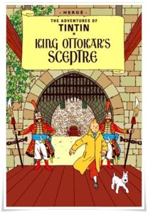 Book cover: “Tintin: King Ottokar’s Sceptre” by Hergé (Le Petit Vingtième, 1938-1939); re-drawn in colour (Casterman, 1947); trans. Leslie Lonsdale-Cooper & Michael Turner (Methuen, 1958)