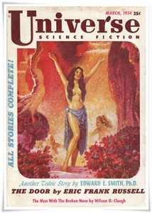Magazine cover: Universe Science Fiction #4 (March 1954); review of: “The Door” by Eric Frank Russell, pp. 6-17.