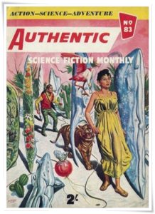 Magazine cover: Authentic SF, No. 83 (August 1957); review of: “Topside” by Philip E. High, pp. 58-77.