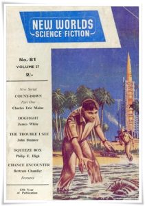 Magazine cover: New Worlds, March 1959; review of: “Squeeze Box” by Philip E. High, reprinted in “Isaac Asimov’s Wonderful Worlds of Science Fiction Invasions” ed. Isaac Asimov, Martin H. Greenberg & Charles G. Waugh (Roc, 1990), 350-364.