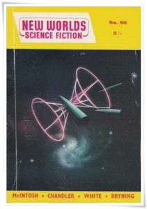 Magazine cover: New Worlds Science Fiction, Vol. 19, No. 56 (February 1957); review of “Guess Who?” by Philip E. High, pp. 88-99.