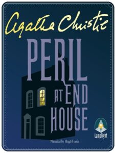 Book cover: “Peril at End House” by Agatha Christie (Dodd, Mead and Company, 1932); audiobook read by Hugh Fraser (Lamplight, 2014)